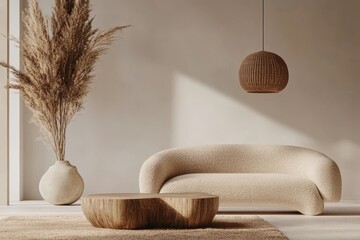 In an interior picture of a living room, there is a white-walled wall against which there is a beige sofa. The wall is empty and ready for any additions. Additionally, there is a lamp in the room.