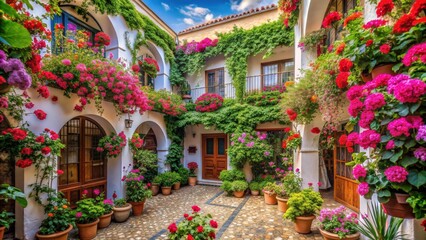 Vibrant courtyard in Spain filled with blooming flowers , Patio Fest, courtyard, flowers, colorful, decoration, Spain, Europe