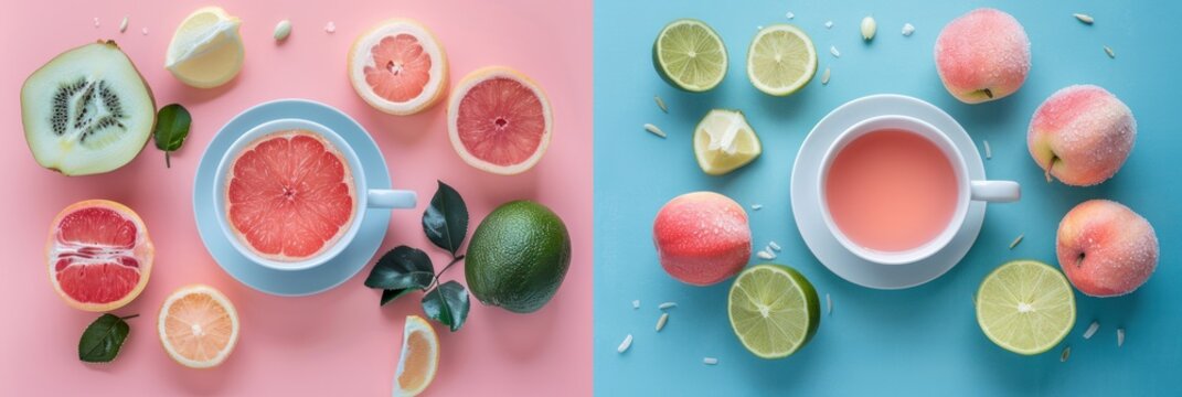 Vibrant hedonistic fruit arrangement with fresh juices on pastel backgrounds