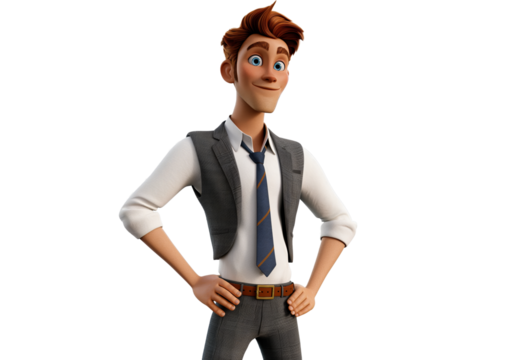 smiling businessman with open hands gesture. Cartoon happy businessman with welcoming hand gesture transparent background.