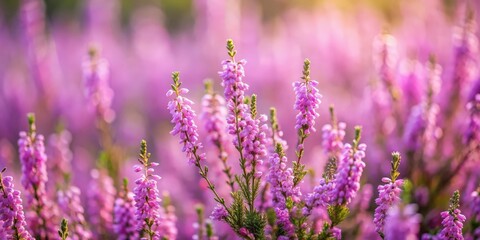 Naklejka premium Violet Heather flowers field with small pink lilac petals, shallow depth of field, heather, flowers, field, Calluna vulgaris