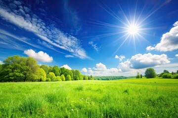 Sunny summer background with clear blue sky and lush green meadow, tranquil, sunny, sunny weather, field, summer vibes, vibrant, sunny day, nature, macro, blue sky, peaceful, sunlight