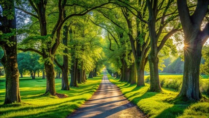Obraz premium Serene winding path lined with vibrant green trees, casting dappled shadows on the rustic ground, leading to a sunny meadow in the distance.