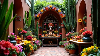Day of the Dead Altar in a Colorful Courtyard