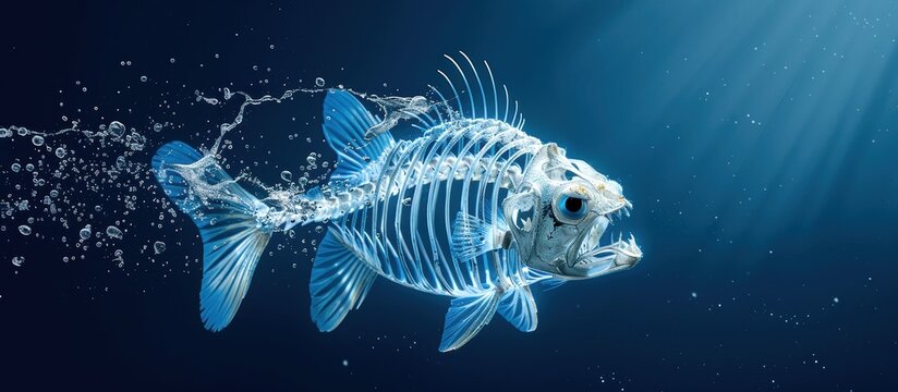 A detailed illustration of a translucent fish skeleton swimming in clear blue water with light rays. Perfect for scientific and educational use.