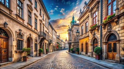 Fototapeta premium Wide panorama of an empty European ancient street with stunning architecture, perfect for tourist scenery, Europe