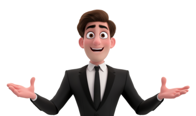 smiling businessman with open hands gesture. Cartoon happy businessman with welcoming hand gesture transparent background.