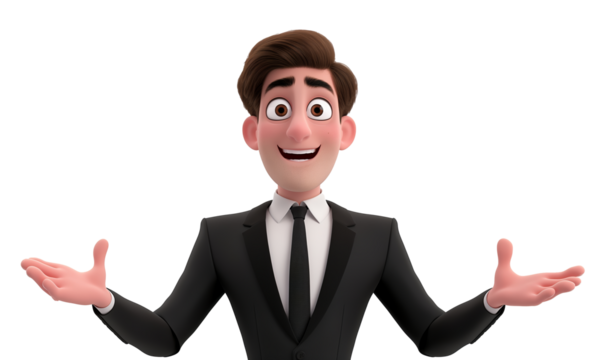smiling businessman with open hands gesture. Cartoon happy businessman with welcoming hand gesture transparent background.