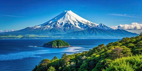 backdrop, peaks,mountain, sea, Part of the mountain with snow capped peaks and dense greenery stands out against the backdrop of a clear blue sky and the vast expanse of the sea