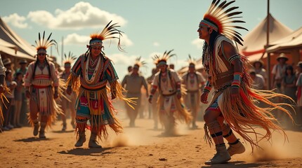 Vibrant Native American Pow Wow: Traditional Dancers in Colorful Regalia Performing Authentic Tribal Ceremony