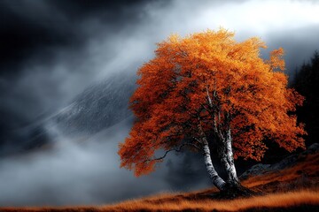 Fototapeta premium Autumn landscape, tree in the fog
