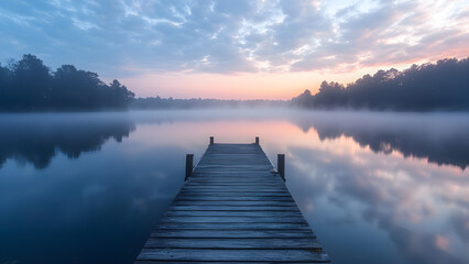 Naklejka premium Wooden Pier Extending into Misty Lake at Dawn.
