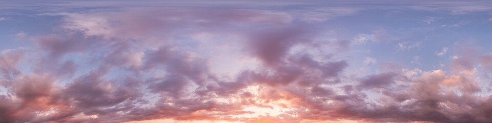 360 panorama of glowing sunset sky with bright pink Cumulus clouds. HDR 360 seamless spherical panorama. Full zenith or sky dome sky replacement for aerial drone panoramas. Climate and weather change.