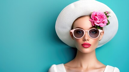 Elegant woman with hat, sunglasses, and pink flower posing against a turquoise background, showcasing sophisticated fashion and summer style.