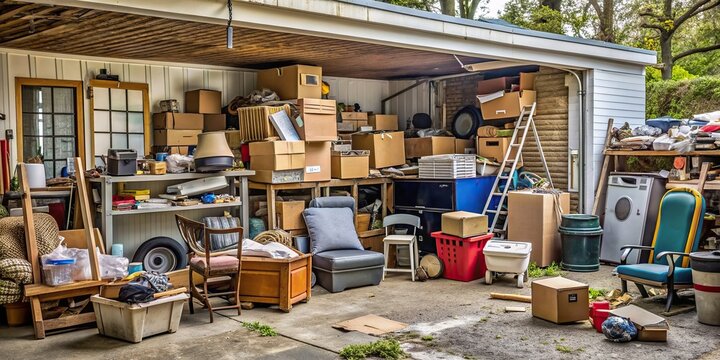 broken appliances, clutter, cardboard boxes, household junk, A cluttered suburban garage corner filled with old furniture broken appliances cardboard boxes and random household junk