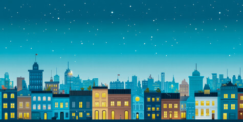 Illustrated cityscape with colorful buildings and skyscrapers at night under a starry sky. The scene is vibrant and lively.