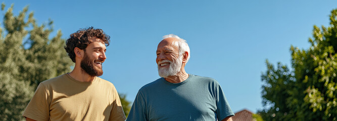 Elderly man and younger man walking outdoors on a sunny day, smiling and talking. The image highlights a positive and caring generational bond.