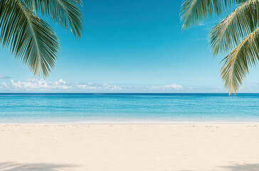 Tropical beach with white sand, turquoise water, and blue sky, framed by green palm leaves. The scene is tranquil and inviting.