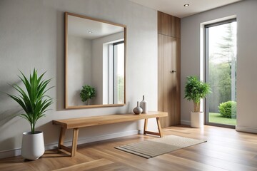 Fototapeta premium Minimalist entryway featuring a wooden bench, large mirror, and natural light, large mirror, minimalist furniture, home decor, sunlight, elegance, reflection, modern, simplicity