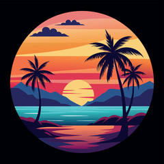 Summer Vector graphic for t-shirt design with beach, sunset, and palm tree