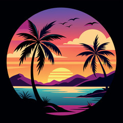 Summer Vector graphic for t-shirt design with beach, sunset, and palm tree