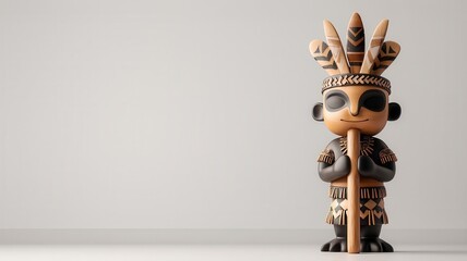Tribal figure sculpture holding a ritual staff, adorned with traditional ornaments, 3D illustration
