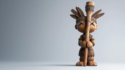 Tribal figure sculpture holding a ritual staff, adorned with traditional ornaments, 3D illustration