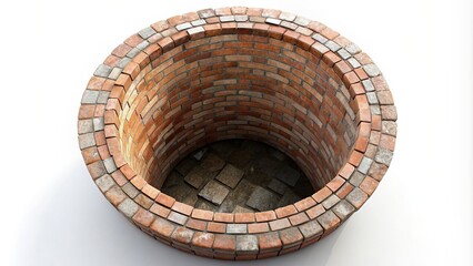 Naklejka premium Brick water well surrounded by a white background captured from a bird s eye view, historic, water well, stone, countryside, white background, red, isolated, rural, bricks, structure