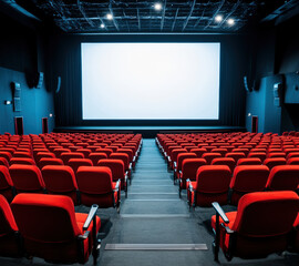 Modern cinema hall with red seats facing a large blank screen in a dark room, designed for an immersive movie experience.