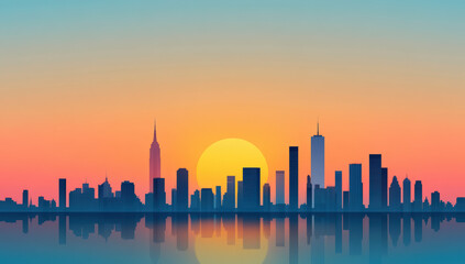 Obraz premium Illustrated city skyline silhouette at sunrise with skyscrapers reflecting on water, under a gradient sky with a large yellow sun.