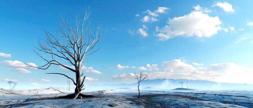 Barren winter landscape with leafless trees and a vast blue sky, capturing the beauty of solitude and nature's contrast.