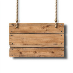 Rustic wooden signboard suspended from ropes, showing natural wood grain and knots, isolated on white.