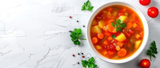 Bowl of fresh vegetable soup with carrots, potatoes, and tomatoes, garnished with parsley on a marble background.