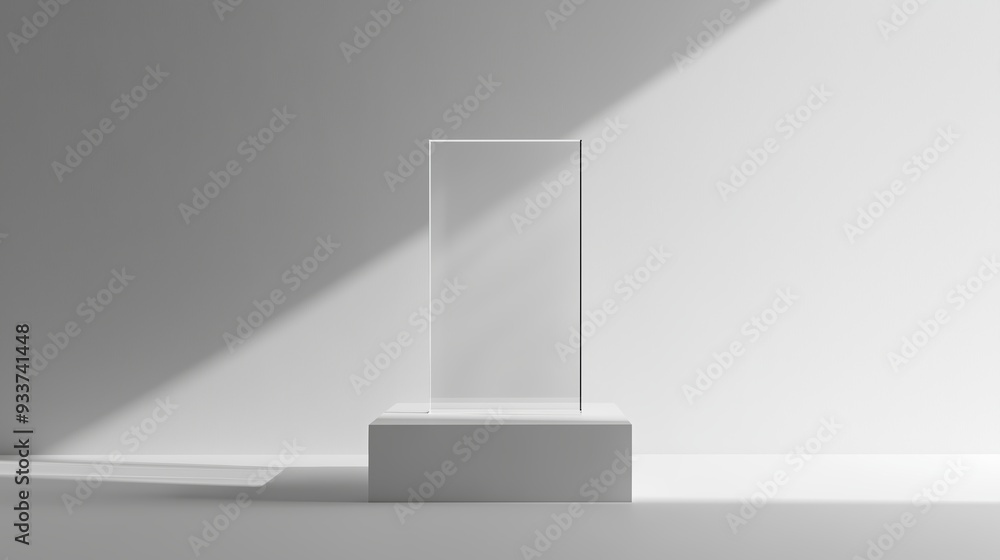 Poster transparent display stand in a minimalistic gallery with natural light during the afternoon