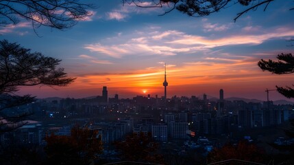 Naklejka premium Sunset of Seoul City and Seoul Tower South Korea.