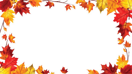Autumn Leaves Border isolated on White. Red, yellow and orange fall leaves with copy space. Fall foliage frame for text. Editable vector illustration