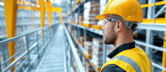 Worker in high-visibility safety gear and yellow helmet inspecting a large, orderly warehouse filled with shelves and boxes.