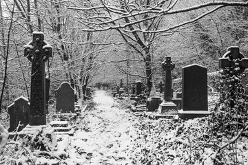 Grave stones and monuments stand out starkly silent against the snow in a winter scene frozen in time