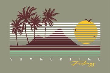 Illustration of silhouette of coconut trees in striped composition. Art for prints on t-shirts, posters, etc.