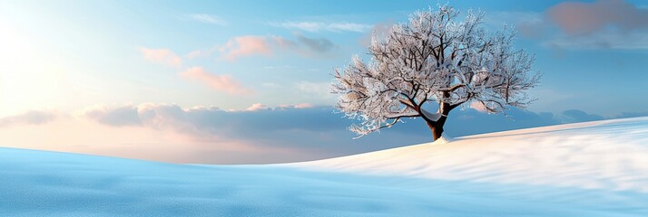 Serene winter landscape featuring a solitary tree covered in snow, under a pastel-colored sky at sunrise, creating a peaceful and tranquil scene.
