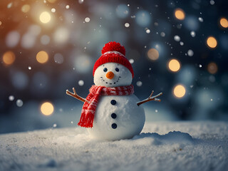Fototapeta premium Christmas Winter Background with Snowman, Snow, and Blurred Bokeh for Merry Christmas and Happy New Year Greeting Card