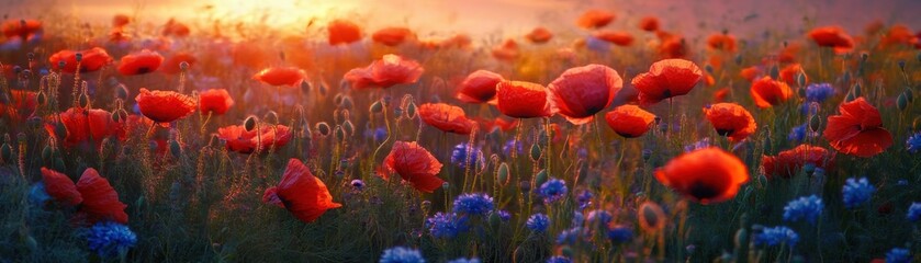 Obraz premium Vibrant poppy and cornflower field at sunset, bathed in warm, golden light.