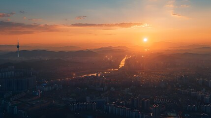 Sunset of Seoul City and Seoul Tower South Korea.