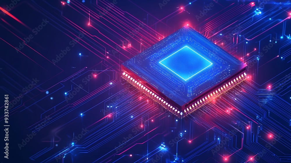 Poster a glowing blue cpu chip sits on a circuit board, with red and blue lines connecting it to other comp