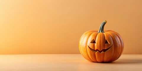 Halloween pumpkin isolated on peach background, symbol, fall, autumn, orange, concept, creative, isolated, simple, square, minimal, design, seasonal, background, spooky, glow, eerie