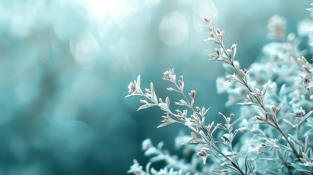 Tranquil close-up of delicate frosted plants in a serene, wintry landscape, capturing the essence of calm and nature's frozen beauty.