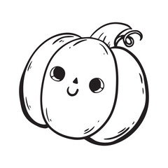 Halloween pumpkin head mascot logo. Handdrawn autumn illustration with a funny pumpkin. Doodle pumpkin Trick or treat. Spooky kawaii face Pumpkin. Vector illustration isolated in cartoon style.