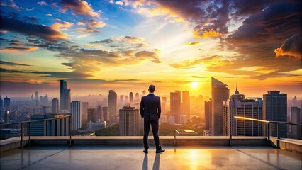 Silhouetted male figure stands at edge of urban rooftop, gazing out at sunset-lit cityscape with skyscrapers and buildings stretching towards the vibrant orange horizon.