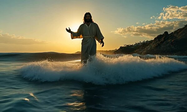 
A poignant scene depicting jesus walking on water, surrounded by dynamic waves. This image symbolizes the power of faith and divine intervention, capturing a moment of profound spirituality.