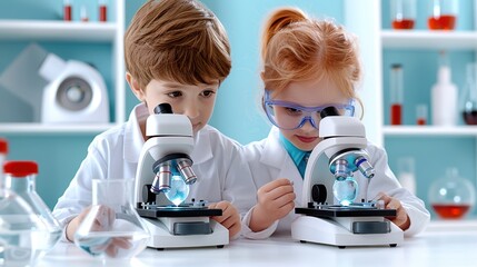 Two young children in lab coats and goggles use microscopes in a bright laboratory, engaging in scientific exploration and learning.